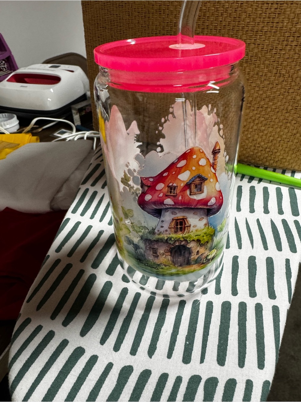 Glass Jar with Pink Lid and Mushroom Art